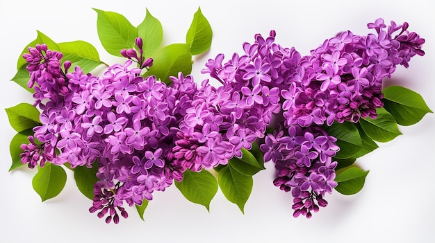 Fleurs lilas en fleurs avec des feuilles vertes sur fond blanc