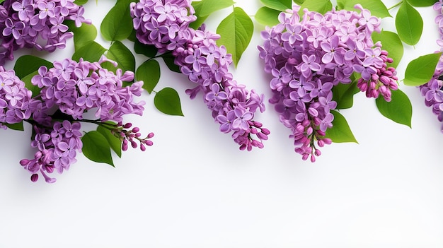 Fleurs lilas en fleurs avec des feuilles vertes sur fond blanc