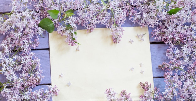 Fleurs lilas avec vieille feuille sur fond violet en bois