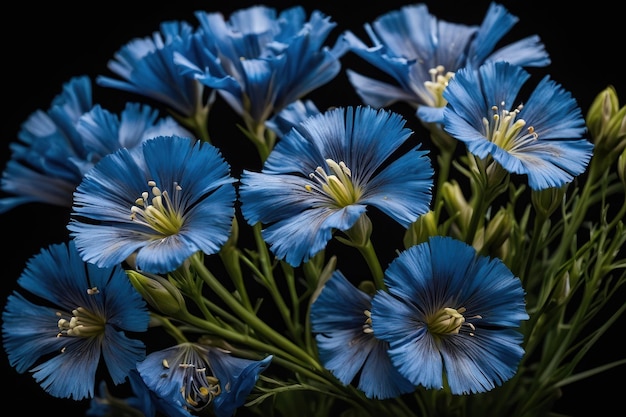 Photo des fleurs de lin bleues isolées sur un fond noir