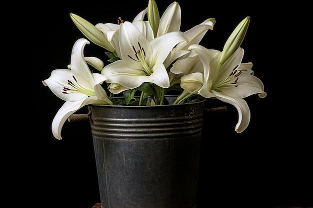 Photo des fleurs de lis dans un seau d'étain rustique pour un look décontracté