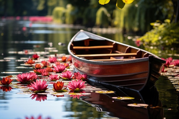 Photo des fleurs de lis d'eau avec un bateau flottant en bois sur le fond du paysage fluvial