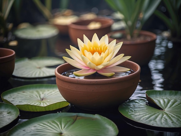 Les fleurs de lis d'eau à l'intérieur du pot d'argile