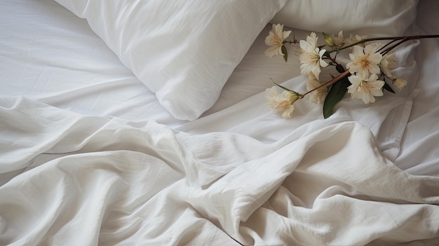 Photo des fleurs sur un lit de draps blancs vue supérieure ia générative