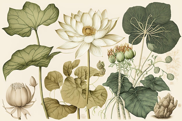 Fleurs De Lotus Blanc Isolé Nénuphar Lac Tropical Plante Dessin Imitation Abstraite Générative AI Illustration