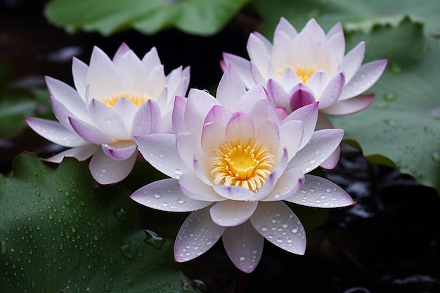 Fleurs de lotus dans un étang avec des gouttes d'eau