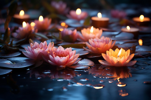 Fleurs de lotus dans la rivière et hors de l'eau