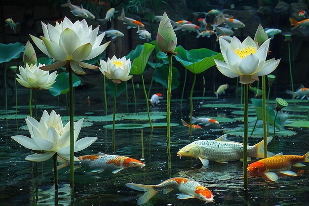 Des fleurs de lotus sur l'eau avec des poissons koi