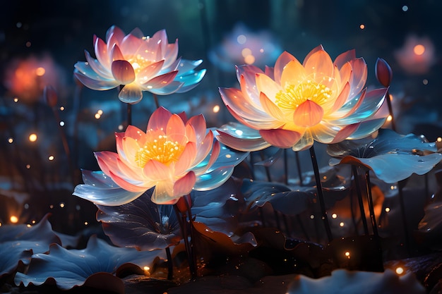 fleurs de lotus éthérées abstraites sur fond sombre