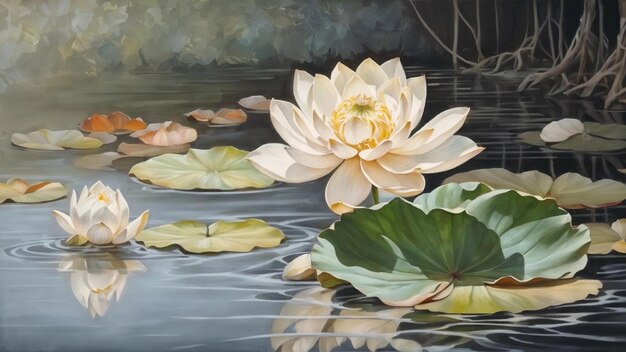 Des fleurs de lotus et des feuilles sur la surface de l'eau peinture japonaise