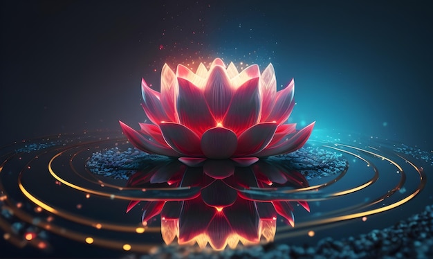 Photo fleurs de lotus rouges sur fond abstrait de lignes lumineuses au néon