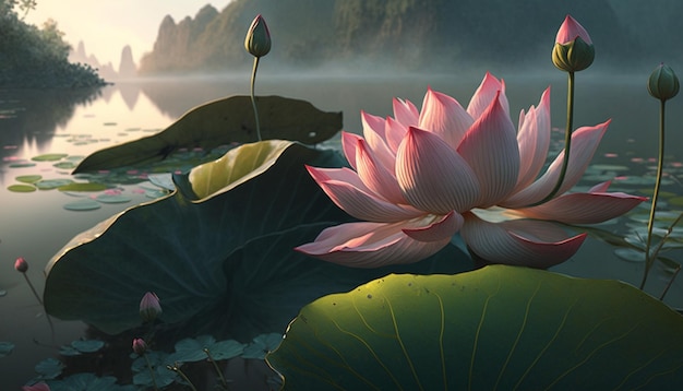 Fleurs de lotus sereines ornant l'étang tranquille