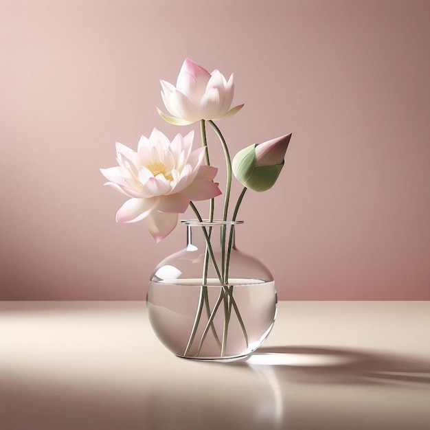 Des fleurs de lotus tranquilles dans un vase de verre sur fond rose