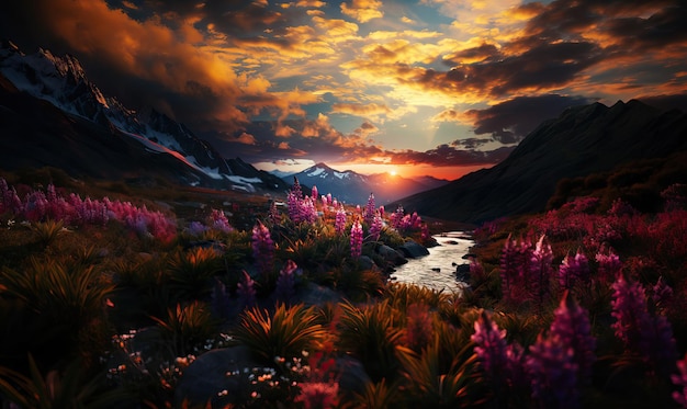 Des fleurs de lupin de paysage naturel sur le fond des montagnes Focus doux sélectif