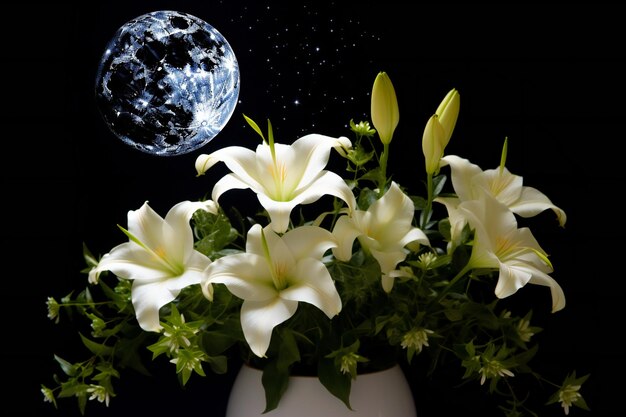 Fleurs de lys blanc dans un vase avec la lune sur fond noir