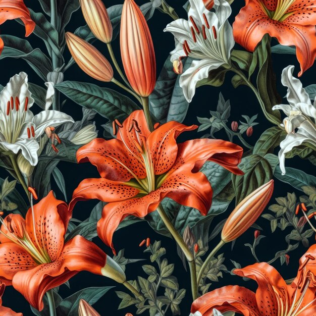 Des fleurs de lys de couleur orange sans couture motif d'illustration 3D dessin de papier peint de printemps