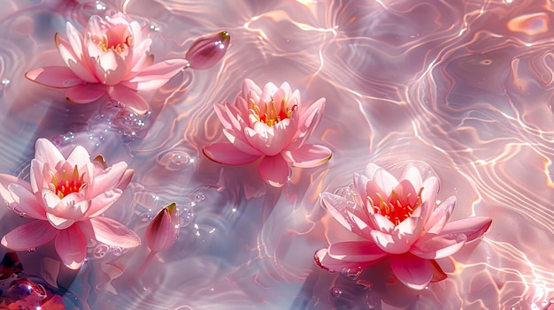Des fleurs de lys d'eau flottantes Une vue minimaliste de haut dans l'eau rose étincelante avec des ondulations brillantes et une texture claire