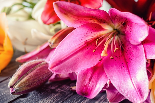 Fleurs de Lys rose sur fond en bois noir