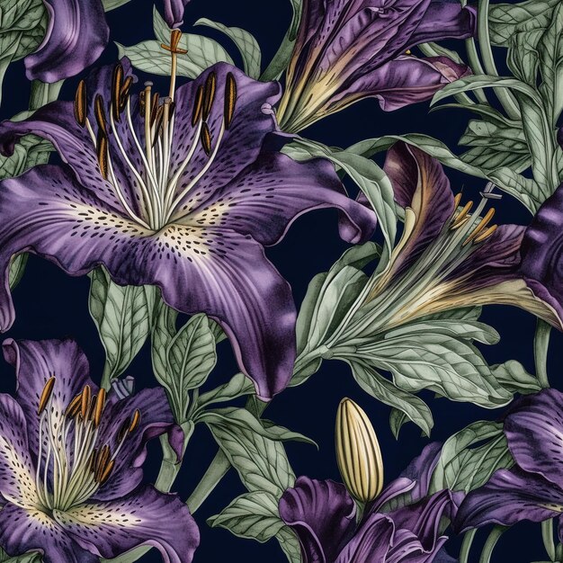 Des fleurs de lys violettes sans couture, motif d'illustration sur fond noir, papier peint de mariage