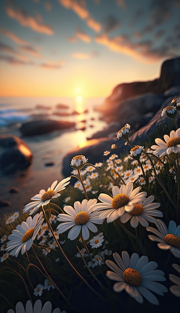 Fleurs de marguerite blanche sur le thème du printemps au coucher du soleil