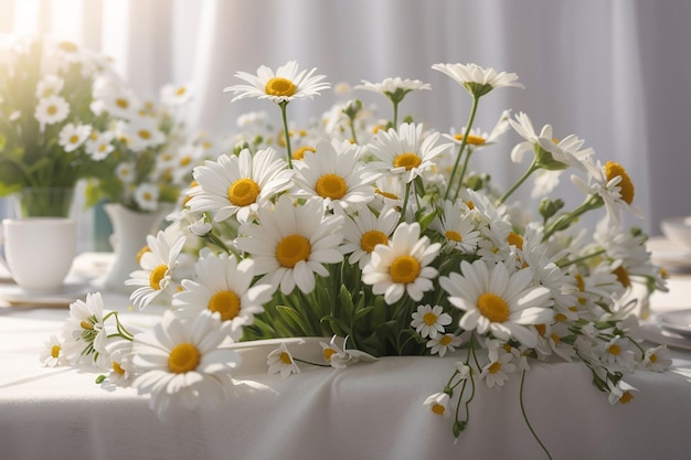 des fleurs de marguerite sauvage et une nappe en lin blanc