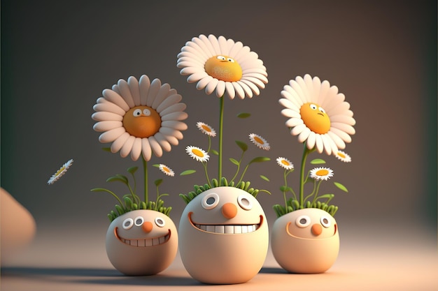 Fleurs de marguerite avec des visages souriants drôles de dessin animé