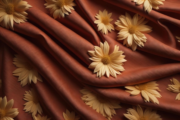 Des fleurs de marguerites jaunes sur un fond de tissu de satin brun