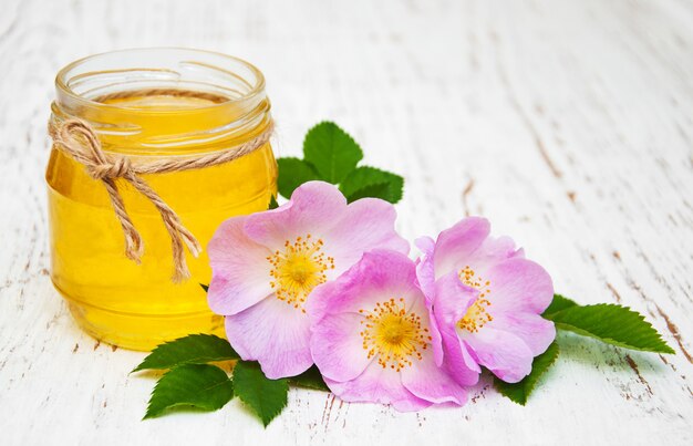 Fleurs de miel et chien rose