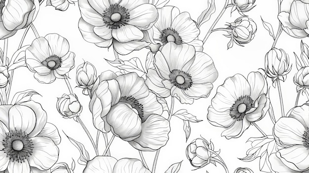 Des fleurs à motif sans couture dans un format moderne Illustration en ligne Motif floral noir et blanc dans un format modern Illustration de ligne pour l'impression d'invitations papier peint ou emballage cadeau