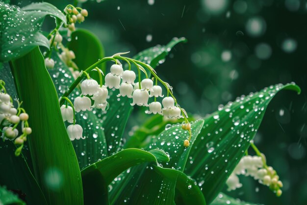 Fleurs de muguet blanc Convallaria majalis plante à fleurs de forêt avec des gouttes de pluie