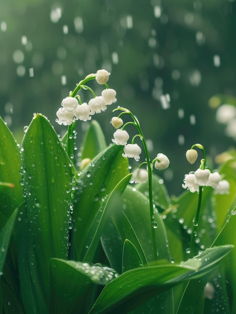 Fleurs de muguet blanc Convallaria majalis plante à fleurs de forêt avec des gouttes de pluie