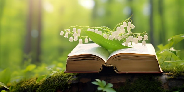 Fleurs de muguet et livres anciens dans le fond naturel vert forêt
