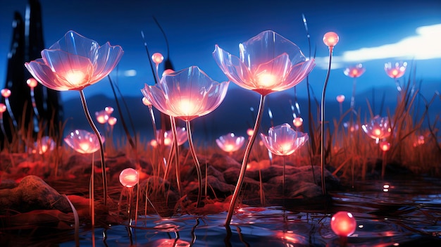 Des fleurs mystérieuses éclairent un lac serein au crépuscule sous un ciel bleu