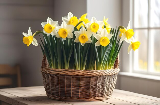 Photo les fleurs de narcisse de printemps, le sac de la fête des mères, la fête de la saint-valentin, la pâques, l'intérieur moderne, la maison de campagne en bois.