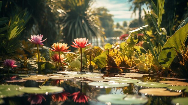 Photo fleurs de nénuphar et palmiers tropical vibes