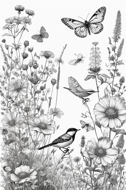 Photo des fleurs en noir et blanc dessinées à la main, des papillons, des oiseaux en blanc.