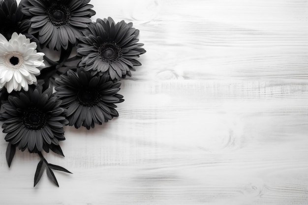 Fleurs noires sur un fond en bois blanc