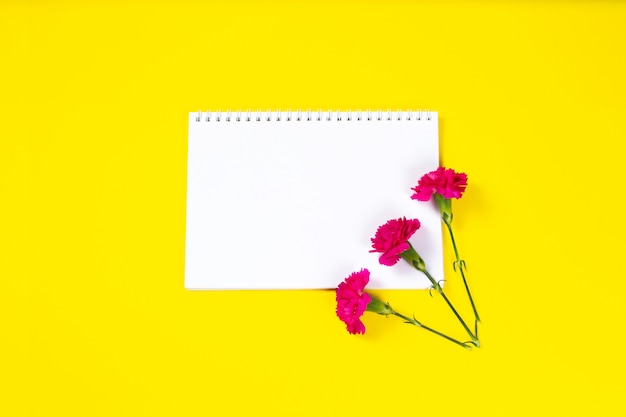 Fleurs d'oeillets roses avec cahier ouvert