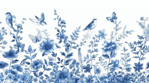 Les fleurs les oiseaux les papillons Toile de Jouy la carte horizontale bleu et blanc