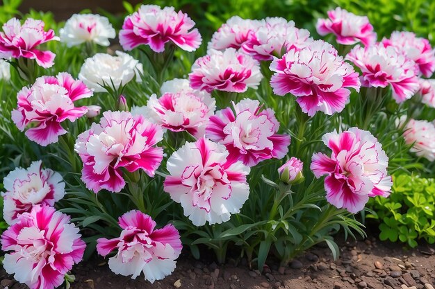 fleurs d'ongle turc blanches roses pourpres violettes avec des feuilles vertes poussent dans le lit de fleurs