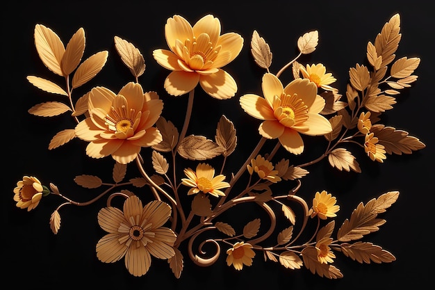 Des fleurs d'or sur un arrière-plan noir élégant