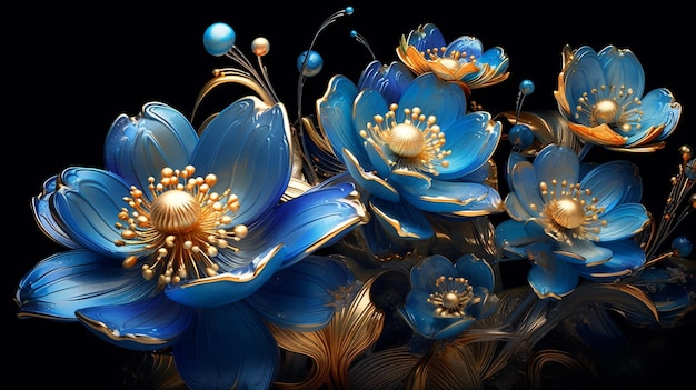 Des fleurs en or bleu 3D