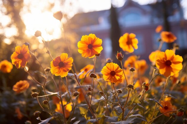 fleurs orange devant une maison au coucher du soleil