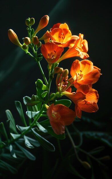 Des fleurs d'orange élégantes s'épanouissent sur un fond de texture sombre capturant l'essence de la beauté et de la fragilité de la nature.