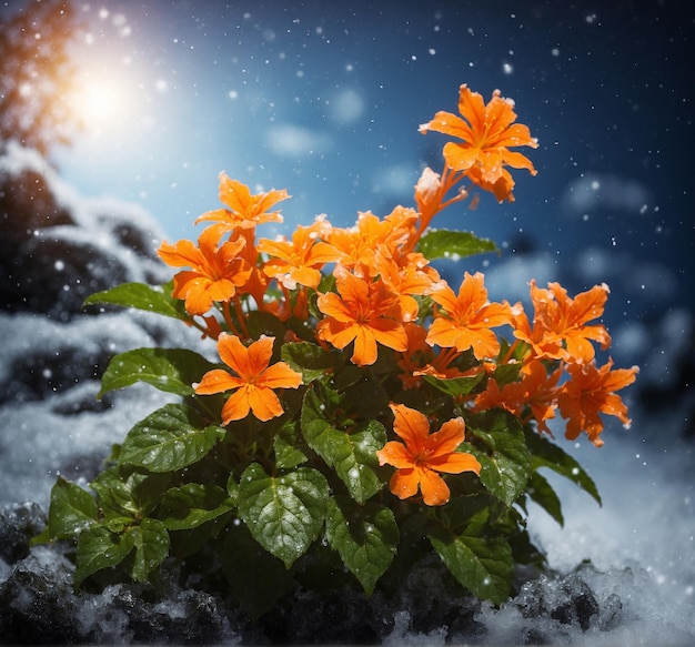 Des fleurs d'orange sur le fond du paysage hivernal avec des flocons de neige