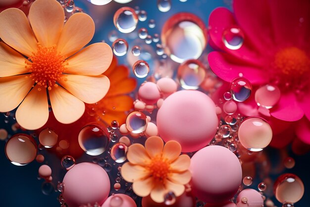 Photo fleurs orange et pourpre avec pétales sous l'eau avec des bulles d'air fond abstrait ou éclaboussure scr