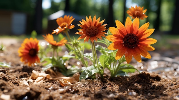 Photo fleurs orange poussant dans la terre au sol