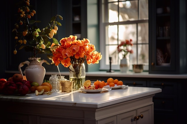 des fleurs d'orange sur la table de la cuisine