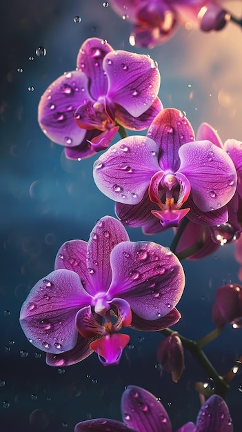 Fleurs d'orchidées en fleurs avec des gouttes d'eau gros plan arrière-plan généré par Ai