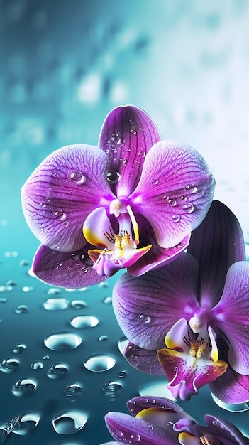 Fleurs d'orchidées en fleurs avec des gouttes d'eau gros plan arrière-plan généré par Ai